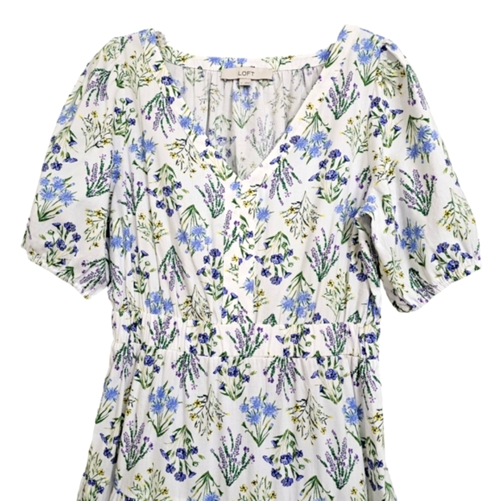 Nwot LOFT  White /Blue/Lavender Floral Puffed Sleeve Back Cutout Tier Midi Dress - Picture 6 of 16